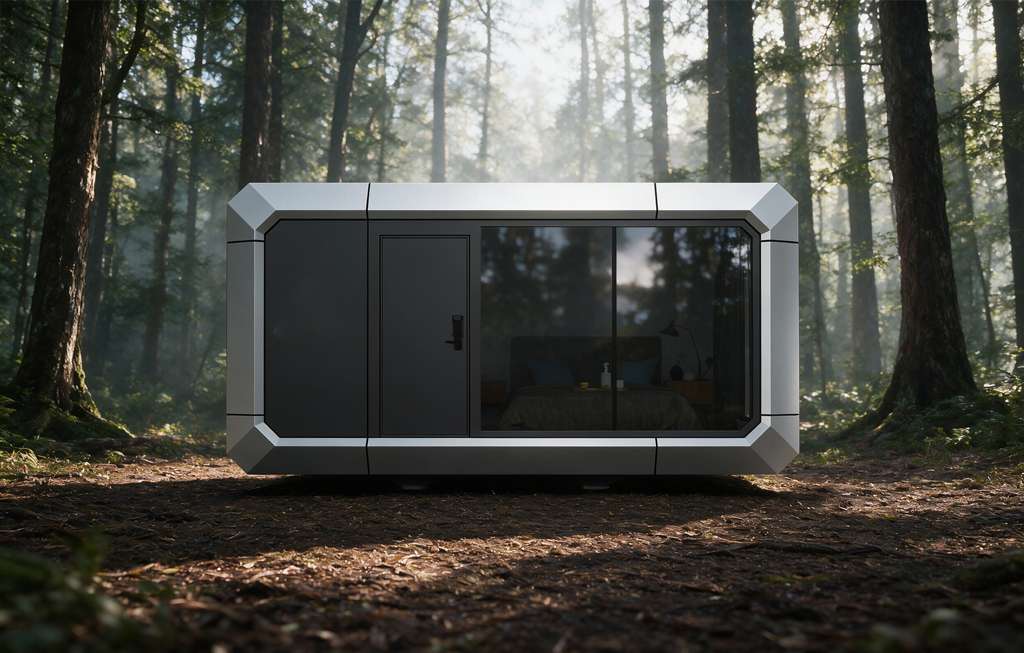 Maison capsule E206 de 15,6 m², façade vitrée et porte latérale dans un environnement boisé