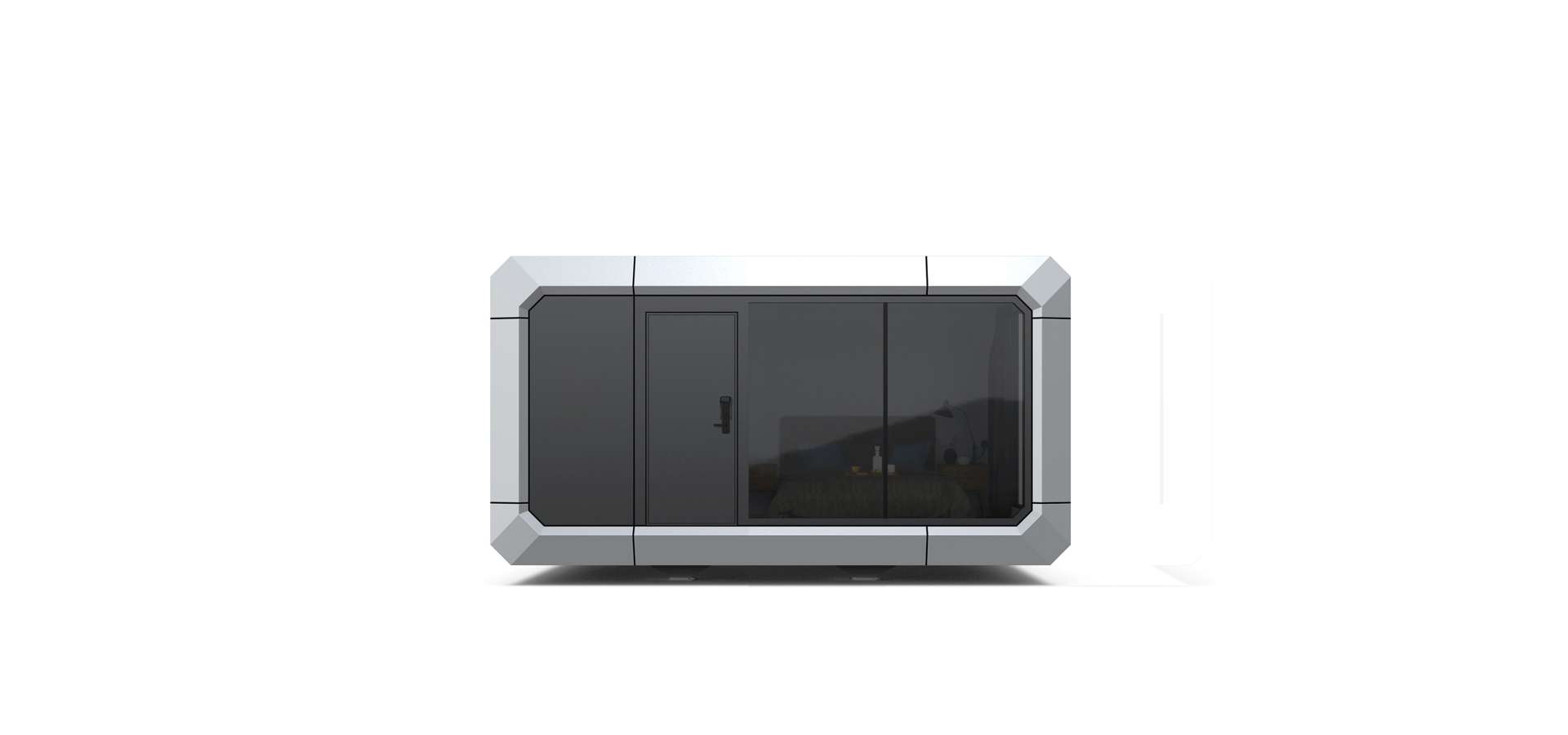 Maison capsule E305 de 18,5 m², vue extérieure de la façade vitrée grise et anthracite