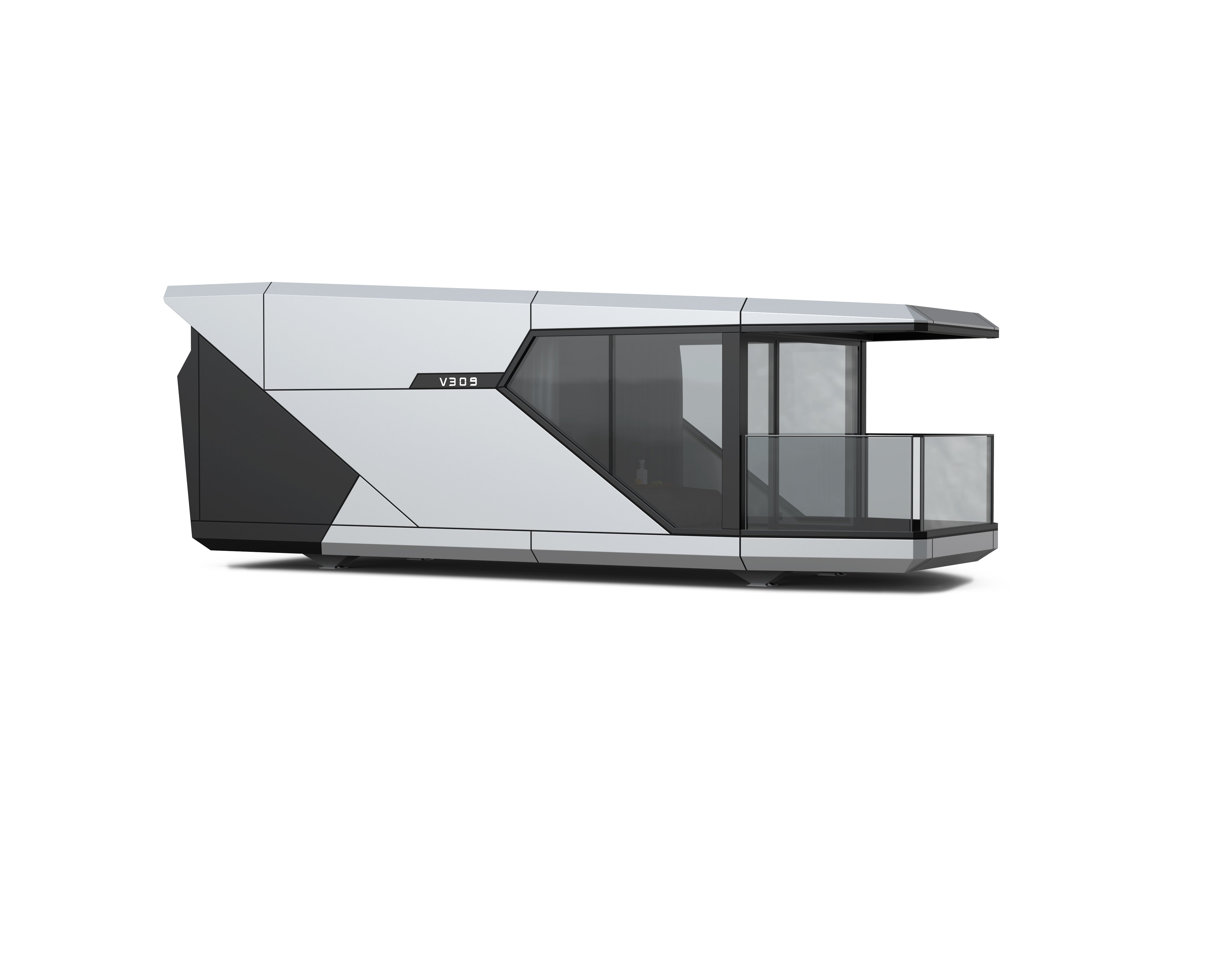 Maison capsule V309 de 31 m² avec balcon couvert, garde-corps vitré et façade blanche et anthracite