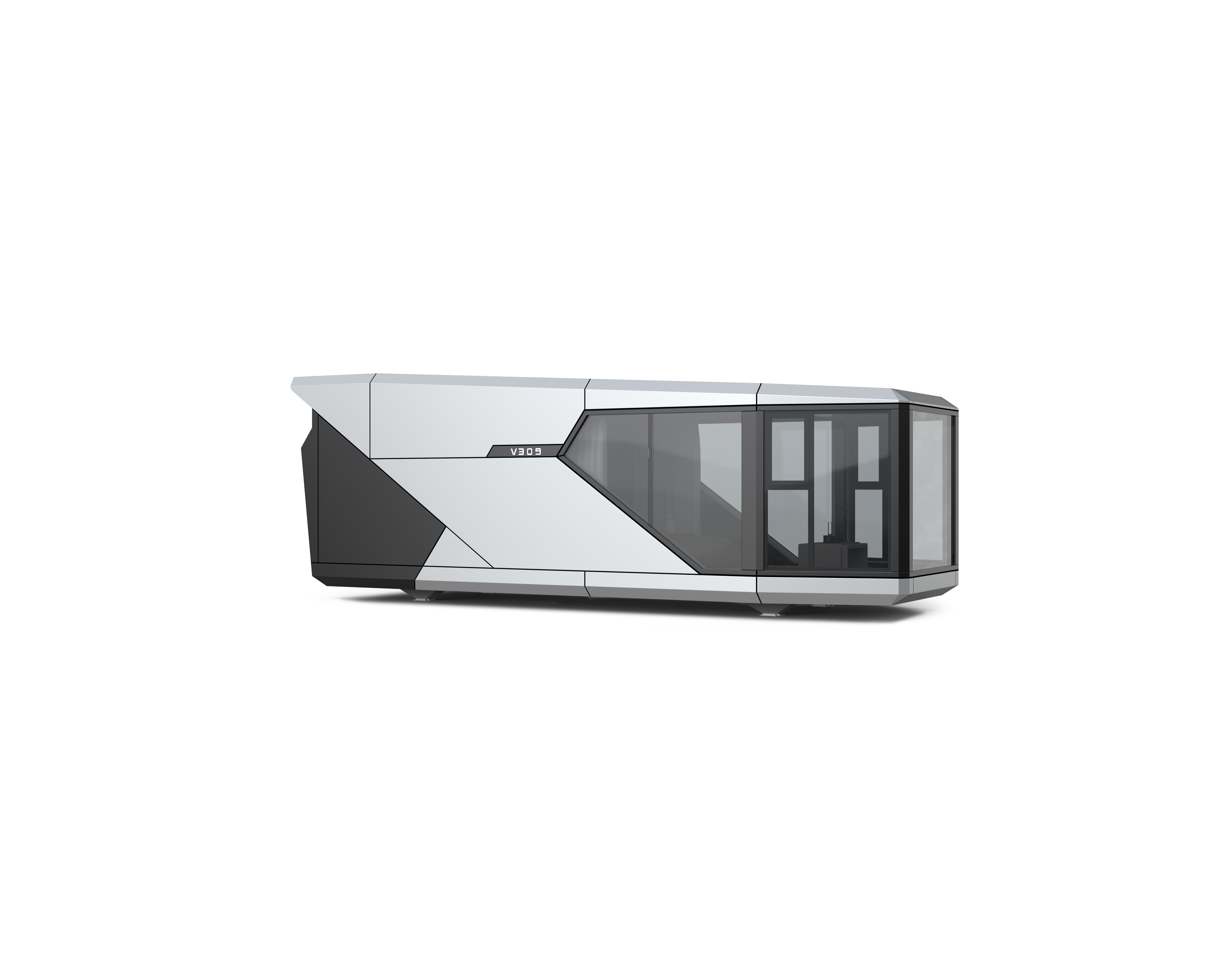 Maison capsule V309 de 31 m², vue extérieure avec façade vitrée et habillage blanc et anthracite
