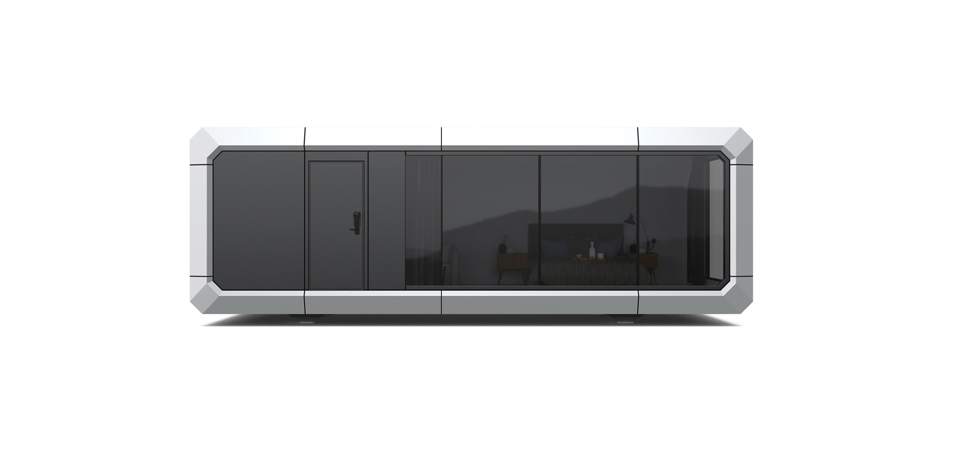 Maison capsule E308 de 28 m², vue extérieure de la façade vitrée et de la porte anthracite